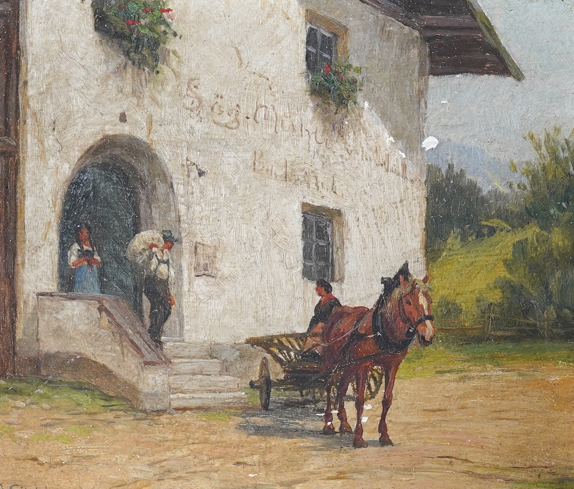 Peter Eichhorn (German, 1877-1960), pair of miniature oils on board, Haymaking scene and horse and cart before a building, each signed, stamped verso and housed in ebonised and gilded frames, 8.5 x 9.5cm. Condition - goo